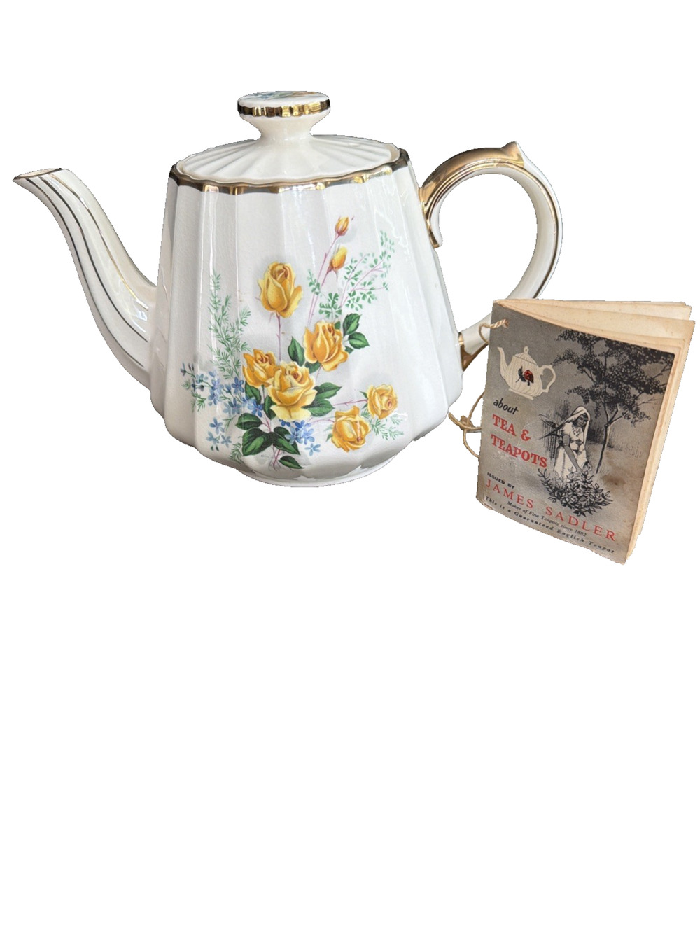 Teapot Sadler England Yellow Roses Original Foil Label Fluted, Gold Trim 3029